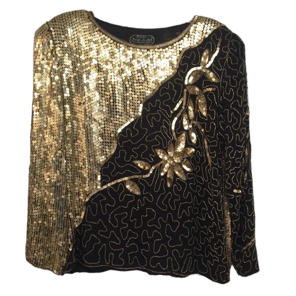 Vintage 80s Silk Sequin Black Gold Festive Long Sleeve Top Size Medium